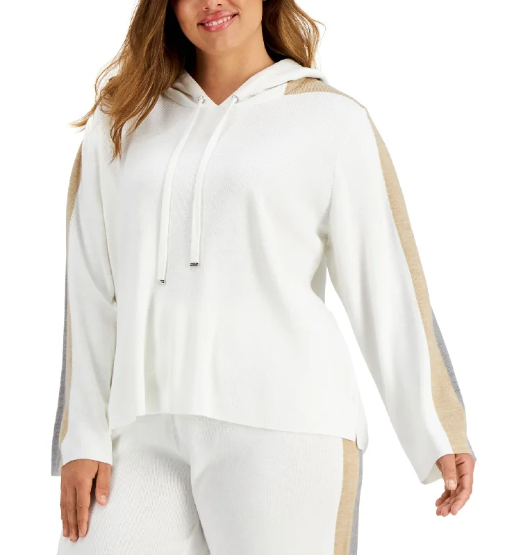 Calvin Klein Plus Size Striped Trim Hoodie Hoodie with Tied Waist Feminine Flattering Calvin Klein Plus Size Striped Trim Hoodie Hoodie with Tied Waist Feminine Flattering