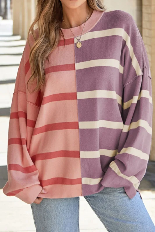 Contrast Striped Long Sleeve Sweatshirt Hoodie with Pocket Utility Practical