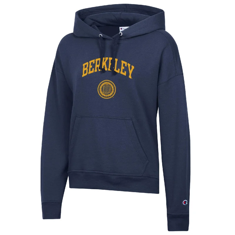 U.C. Berkeley arch & seal women's Champion fleece hoodie-Navy Hoodie with Side Slits Relaxed Casual U.C. Berkeley arch & seal women's Champion fleece hoodie-Navy Hoodie with Side Slits Relaxed Casual