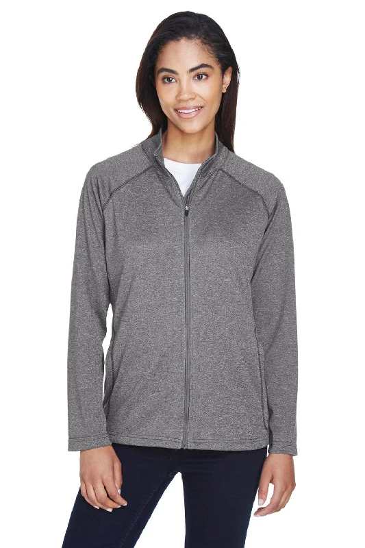 Devon & Jones Womens Compass Stretch Tech Moisture Wicking Full Zip Sweatshirt w/ Pockets - Heather Dark Grey Hoodie with Side Slits Relaxed Casual