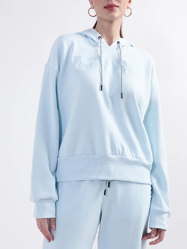 DKNY Women Light Blue Solid Hooded Sweatshirt Hoodie with Front Slit Layering Stylish DKNY Women Light Blue Solid Hooded Sweatshirt Hoodie with Front Slit Layering Stylish