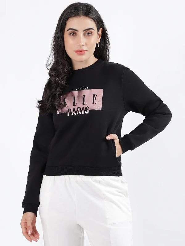 Elle Women Black Printed Round Neck Full Sleeves Pullover Style Sweatshirt Hoodie with Hem Frayed Vintage Worn Elle Women Black Printed Round Neck Full Sleeves Pullover Style Sweatshirt Hoodie with Hem Frayed Vintage Worn