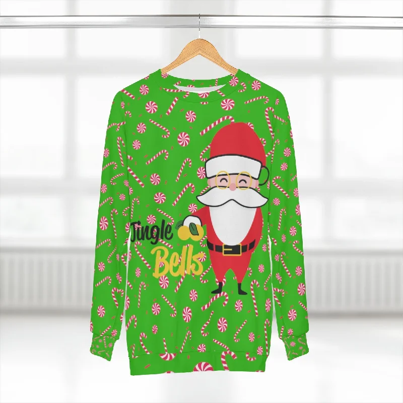 Green Santa Ugly Christmas Sweatshirt, Green Santa Claus Red Candy Cane Christmas Holiday Unisex Sweatshirt -Made in USA Oversized Hoodie Comfort Casual