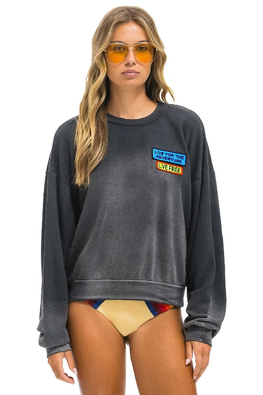 LIVE FREE + ADVENTURE PATCH RELAXED CREW SWEATSHIRT - FADED SMOKE Hoodie with Turtle Neck Cozy Winter LIVE FREE + ADVENTURE PATCH RELAXED CREW SWEATSHIRT - FADED SMOKE Hoodie with Turtle Neck Cozy Winter