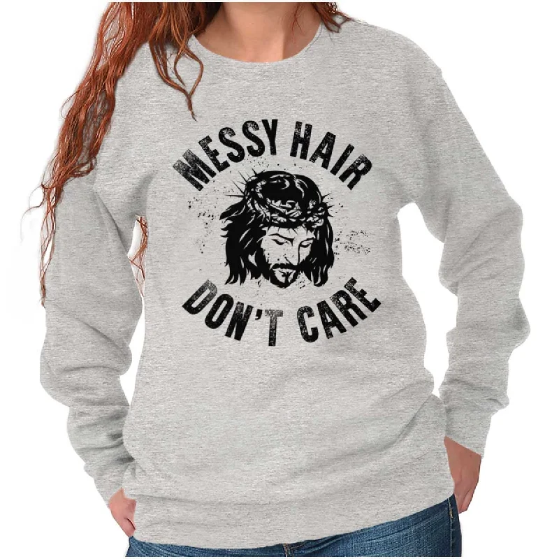 Messy Hair Jesus Crewneck Sweatshirt Hoodie with Hem Fringe Bohemian Relaxed