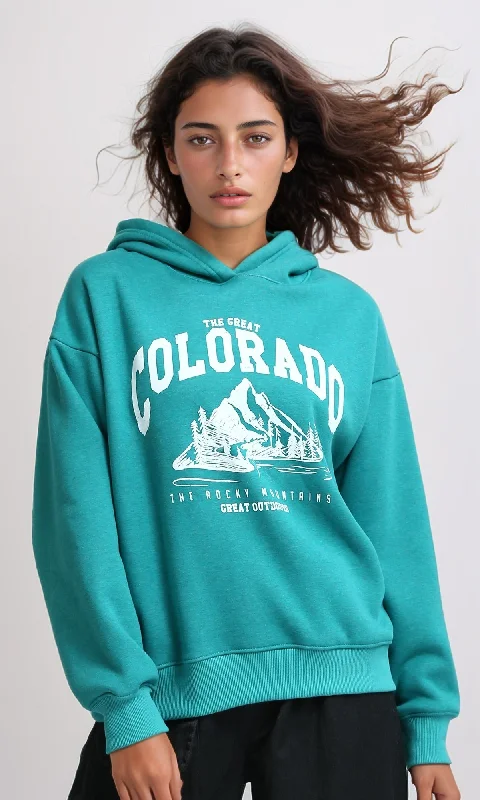 o202175 Regular Fit Printed Winter Hoodie - Heather Green Hoodie with Zipper Placket Modern Functional