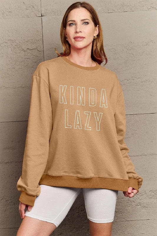 Simply Love Full Size KINDA LAZY Round Neck Sweatshirt Hoodie with Camouflage Military Edgy