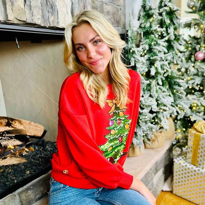 Sequin Christmas Tree Crewneck Sweatshirt Hoodie with Hem Detail Decorative Unique