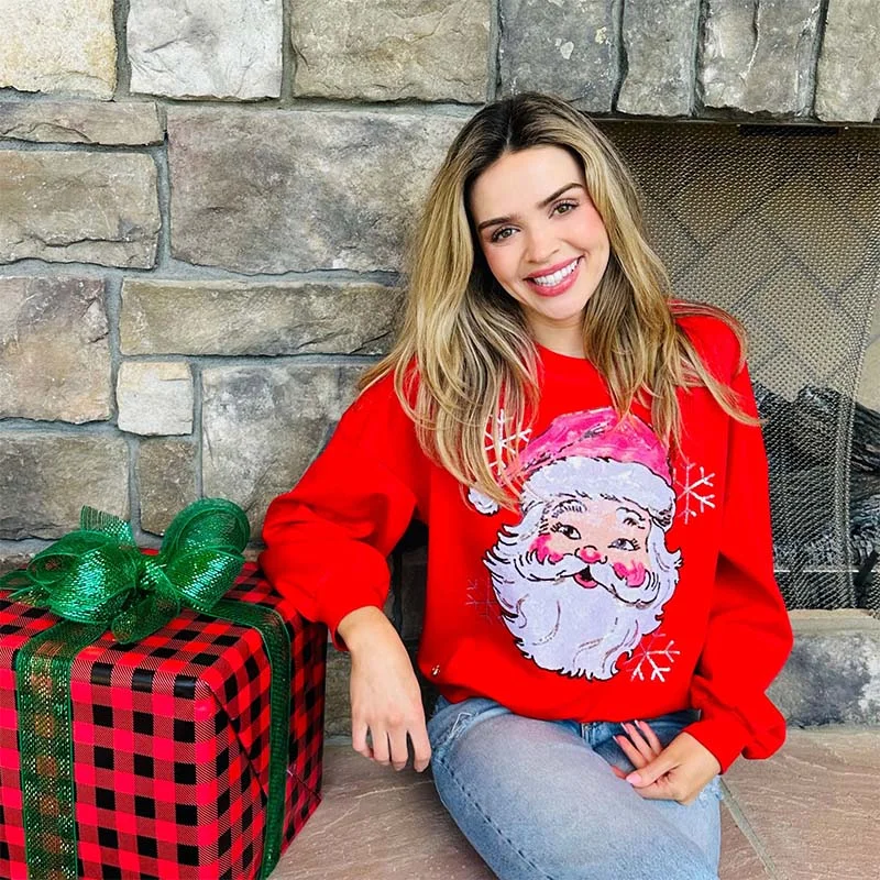 Sequin Santa Crewneck Sweatshirt Hoodie with Drawcord Adjustable Secure