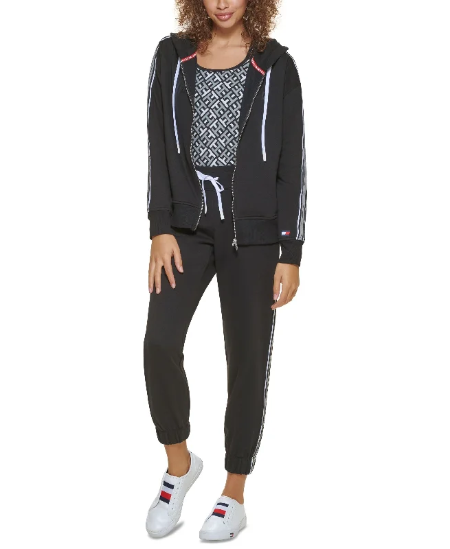 Tommy Hilfiger Sport Tape Trim Zip Hoodie Hoodie with Hem Applique Textured Unique