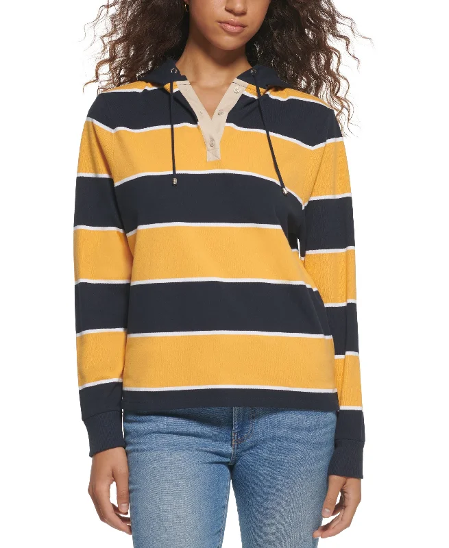 Tommy Hilfiger Womens Rugby Stripe Long Sleeve Hoodie Hoodie with High-Low Hem Asymmetrical Trendy Tommy Hilfiger Womens Rugby Stripe Long Sleeve Hoodie Hoodie with High-Low Hem Asymmetrical Trendy
