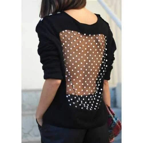 Sexy Round Neck Long Sleeve See-Through Loose Sweatshirt For Women - Black M Hoodie with Cropped Fit Short Trendy Sexy Round Neck Long Sleeve See-Through Loose Sweatshirt For Women - Black M Hoodie with Cropped Fit Short Trendy