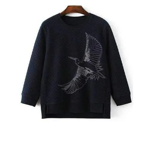 Round Neck Long Sleeve Bird Embroidered Sweatshirt - Cadetblue M Hoodie with Monochrome Minimalist Simple Round Neck Long Sleeve Bird Embroidered Sweatshirt - Cadetblue M Hoodie with Monochrome Minimalist Simple