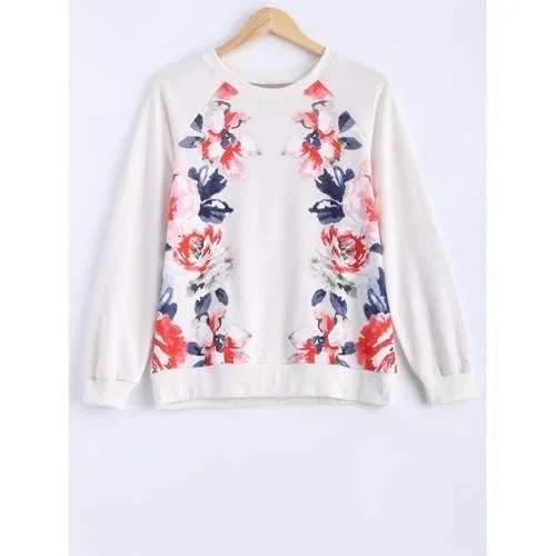 Round Neck Peony Print Sweatshirt - Milk White M Hoodie with V-Neck Classic Versatile