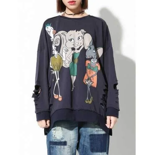 Ripped Cartoon Print Loose Sweatshirt - Purplish Blue One Size Hoodie with High-Low Hem Asymmetrical Trendy Ripped Cartoon Print Loose Sweatshirt - Purplish Blue One Size Hoodie with High-Low Hem Asymmetrical Trendy