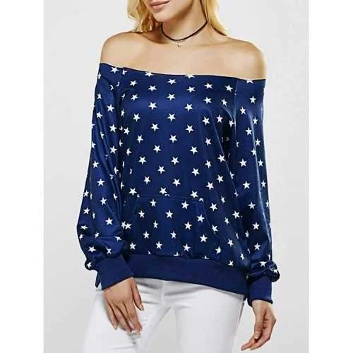 Off The Shoulder Five Point Star Print Sweatshirt - Blue Xl Hoodie with Mesh Breathable Sporty Off The Shoulder Five Point Star Print Sweatshirt - Blue Xl Hoodie with Mesh Breathable Sporty