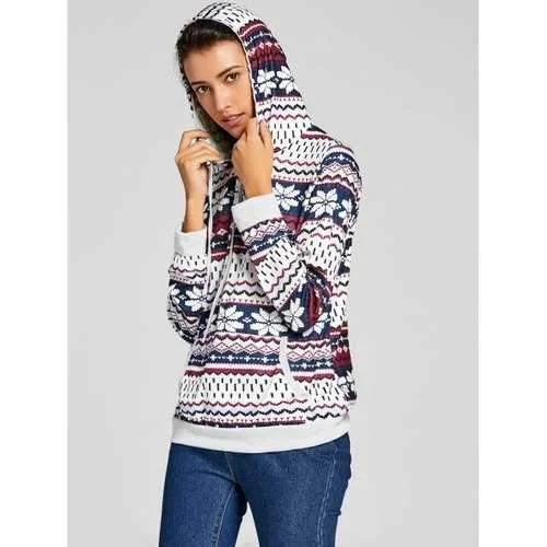 Kangaroo Pocket Snowflake Print Hoodie - L Hoodie with Mock Neck Collared Structured Kangaroo Pocket Snowflake Print Hoodie - L Hoodie with Mock Neck Collared Structured