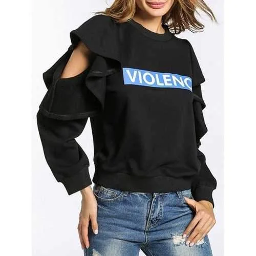Cold Shoulder Flounce Graphic Sweatshirt - Black S Graphic Hoodie Design Print