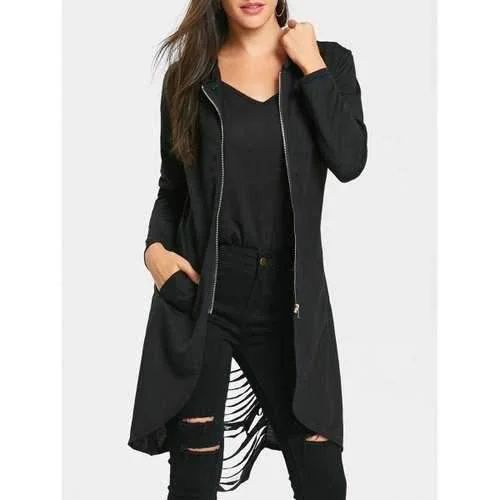 Ripped Tunic Zip Up Hoodie - Black Xl Hoodie with Lace Feminine Delicate