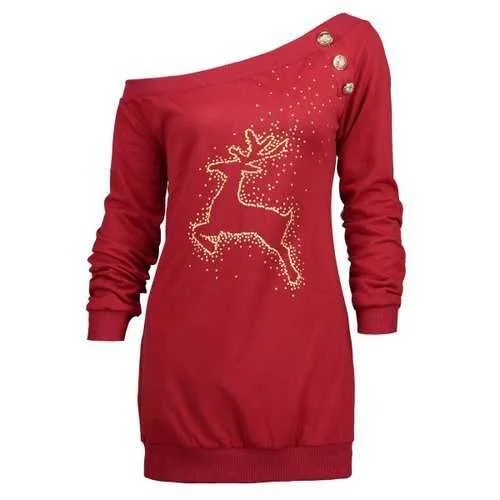 Christmas Reindeer Print Tunic Skew Neck Sweatshirt - Red S Hoodie with Drop Shoulder Relaxed Streetwear Christmas Reindeer Print Tunic Skew Neck Sweatshirt - Red S Hoodie with Drop Shoulder Relaxed Streetwear