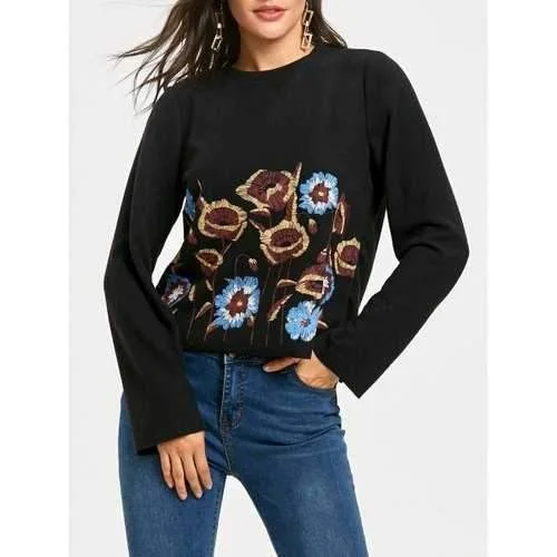 Crew Neck Flower Printed Sweatshirt - Black L Hoodie with Velcro Closure Adjustable Secure Crew Neck Flower Printed Sweatshirt - Black L Hoodie with Velcro Closure Adjustable Secure