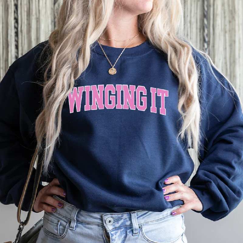 Winging It Varsity Sweatshirt Hoodie with Button Classic Timeless