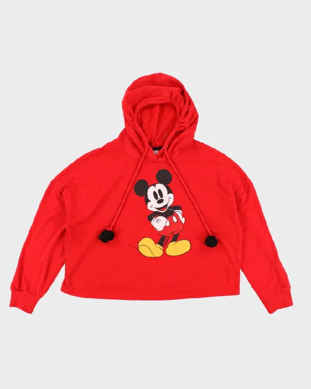 Womans Cropped Red Mickey Mouse Hoodie - L Hoodie with Exposed Zipper Edgy Industrial Womans Cropped Red Mickey Mouse Hoodie - L Hoodie with Exposed Zipper Edgy Industrial