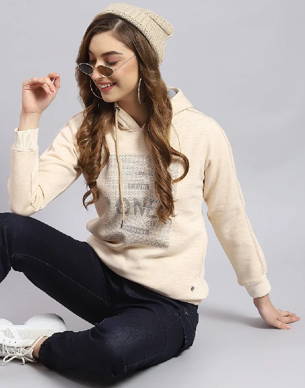 Women Beige Printed Hooded Full Sleeve Sweatshirt Hoodie with Hem Embroidery Detailed Premium Women Beige Printed Hooded Full Sleeve Sweatshirt Hoodie with Hem Embroidery Detailed Premium