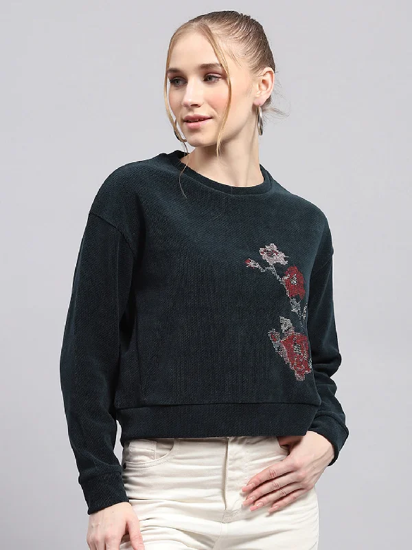 Women Green Printed Round Neck Full Sleeve Sweatshirt Hoodie with Color Block Contrast Stylish