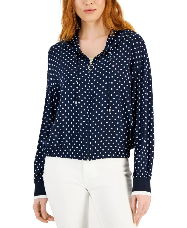 Women's Dot Print Zip-Up Hoodie Hoodie with Lace Feminine Delicate