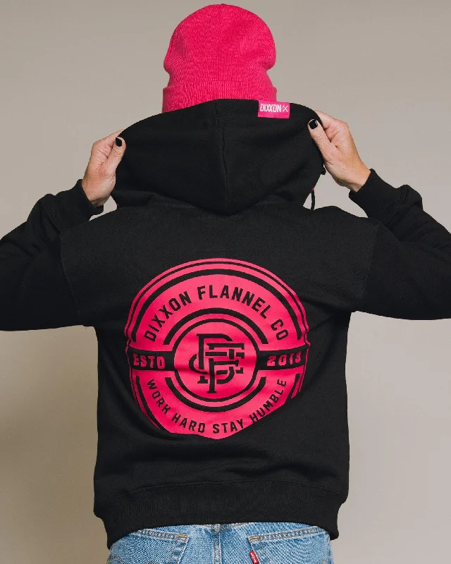 Women's Pink Work Hard Badge Zip Up Hoodie - Black Hoodie with Snap Buttons Easy Quick Women's Pink Work Hard Badge Zip Up Hoodie - Black Hoodie with Snap Buttons Easy Quick