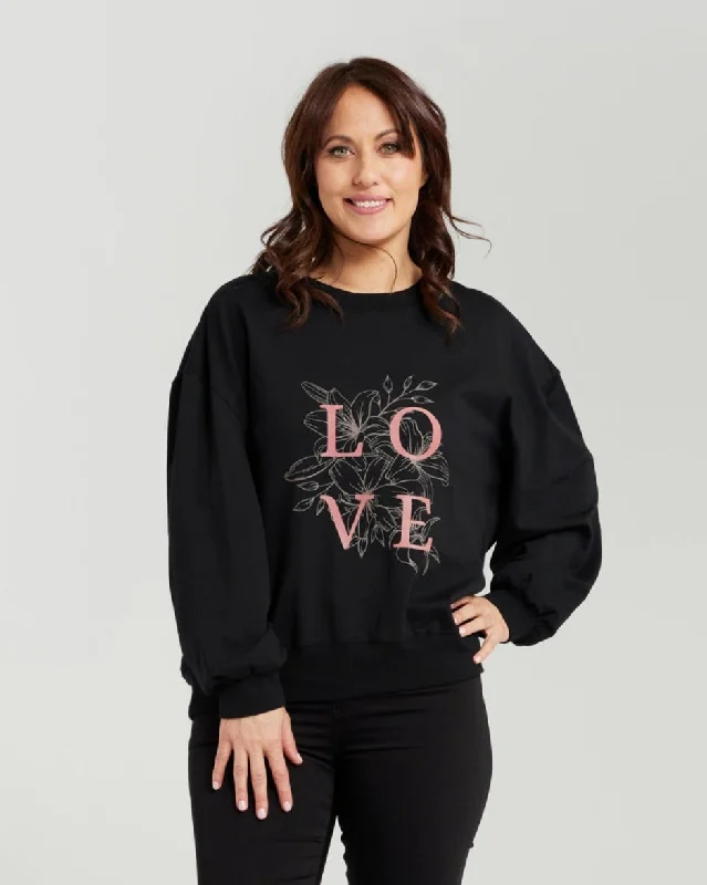 Zafina Nyla Sweatshirt - Black Floral Hoodie with Hem Ribbing Snug Secure